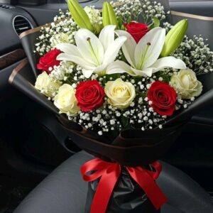 Elegant Lilies & Imported Roses Bouquet with Baby's Breath